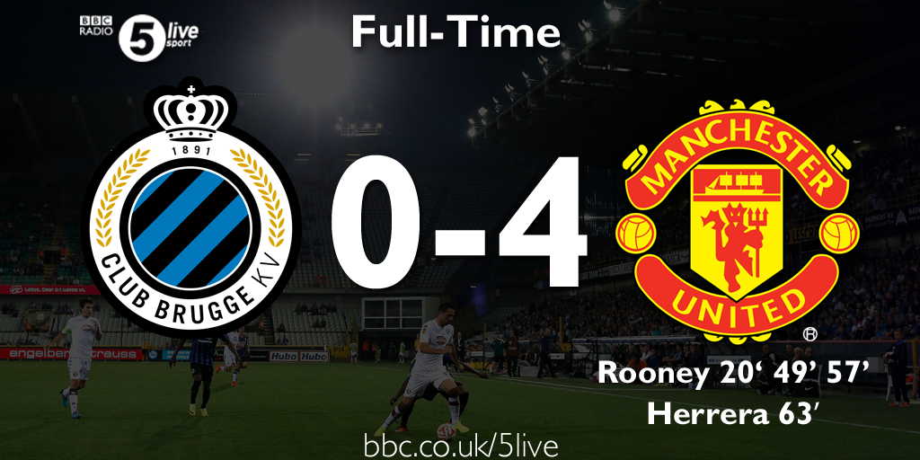 5liveSport's tweet photo. #Brugge 0 - 4 #MUFC A Wayne Rooney hat-trick and 63' goal from Herrera seal a victory for #mufc. (agg 1 - 7) http://t.co/t2ZV6otuZx