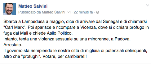 matteosalvinimi's tweet photo. Governo riempie le città di migliaia di potenziali delinquenti, altro che "profughi". Votare per cambiare! #Salvini http://t.co/XEesQHQHRV