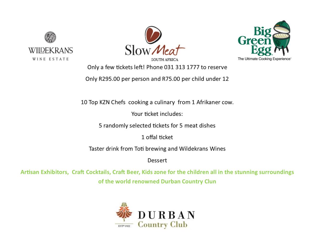 SlowMeatSA's tweet image. Only a few tickets left. Phone 031 313 1777 to book.
@TOTIBREWING @BigGreenEggSA @WildekransWines