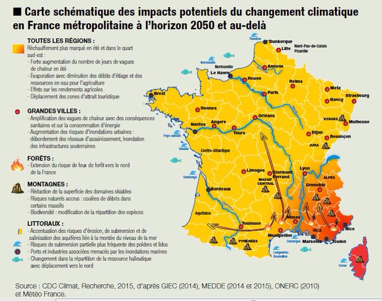 Carte schématique des impacts potentiels du changement climatique en