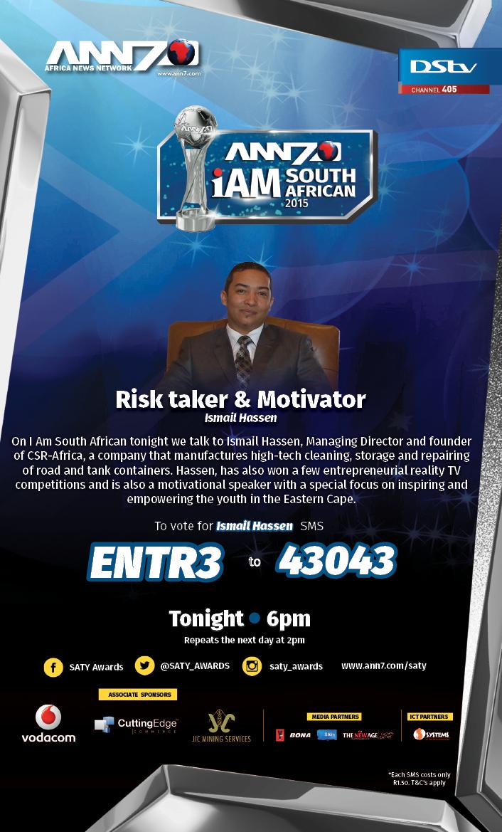 DripDripSplash1's tweet photo. Tonight on #IAmSA we feature Entrepreneur of The Year nominee @IsmailHassen2 | Tune into DStv 405 at 6pm #SATY2015 http://t.co/gt6nOkjoAG