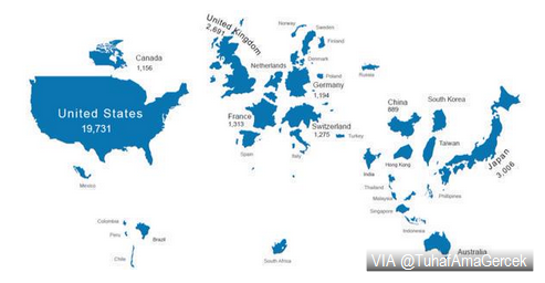 Ekonomik büyüklüklerine ülkelerin resmedildiği dünya haritası.

Dikkatli bakarsanız Türkiye'yi de görebilirsiniz.