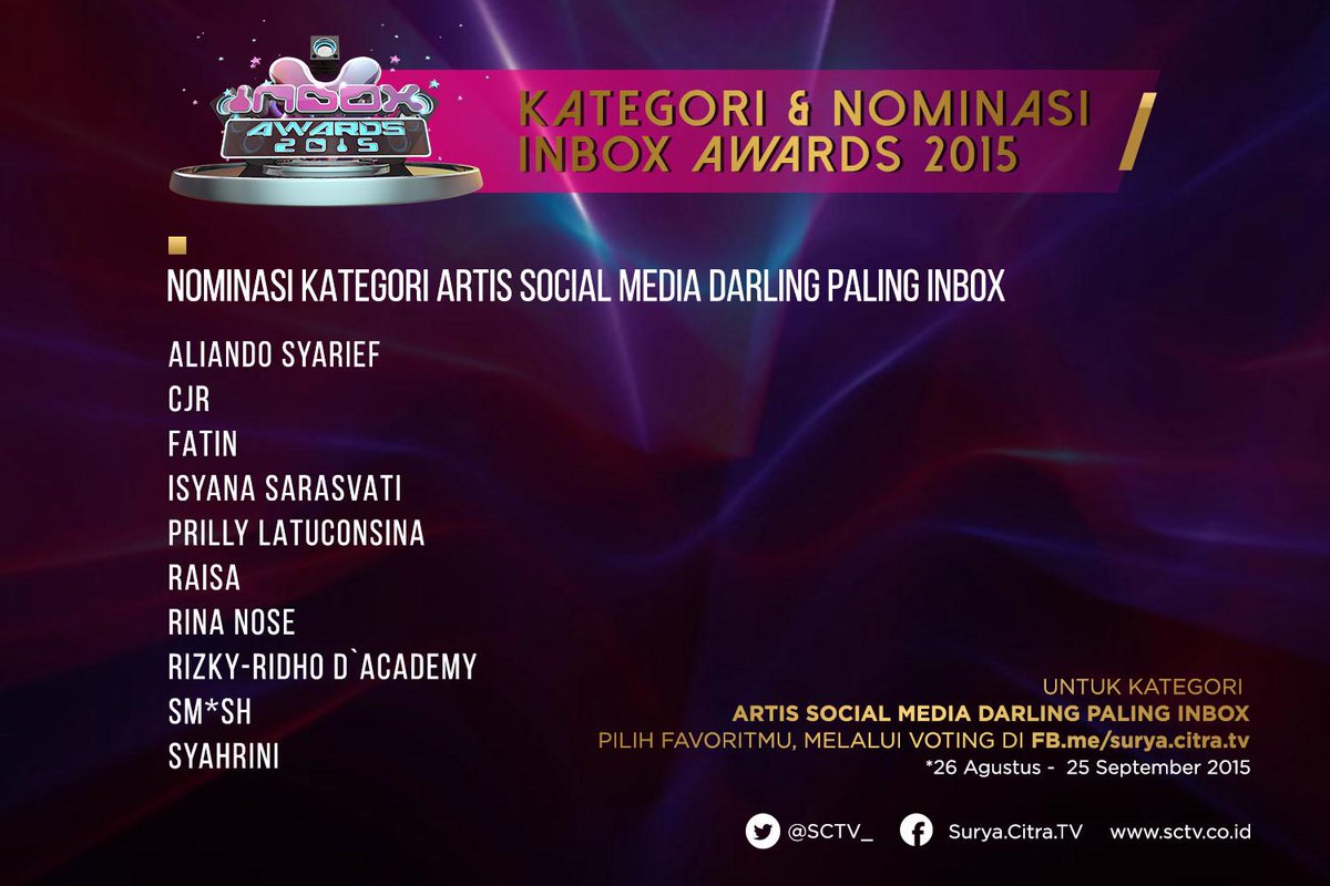 SCTV's tweet image. Dukung "Nominasi Kategori Artis Social Media Darling Paling @InboxSCTV_".

Klik: fb.me/surya.citra.tv