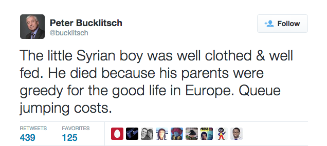 Telegraph's tweet image. EU refugee crisis: shocking tweet from Ukip election candidate causes outrage telegraph.co.uk/news/worldnews…