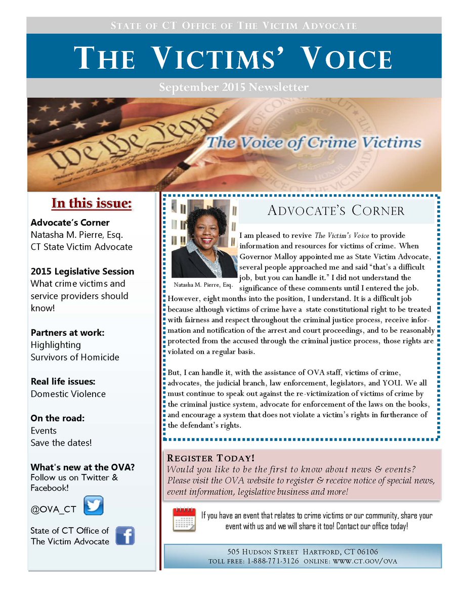 OVA_CT's tweet image. The Victims' Voice September 2015 Issue is now available! - Visit ct.gov/ova to read more! @OVA_CT