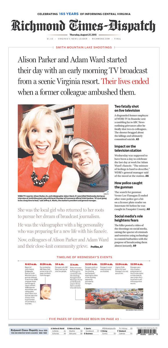 Front page of the day: Remembering Alison Parker and Adam Ward poynter.org/news/mediawire… from <a href="/RTDNEWS/">Richmond Times-Dispatch</a> #WDBJshooting