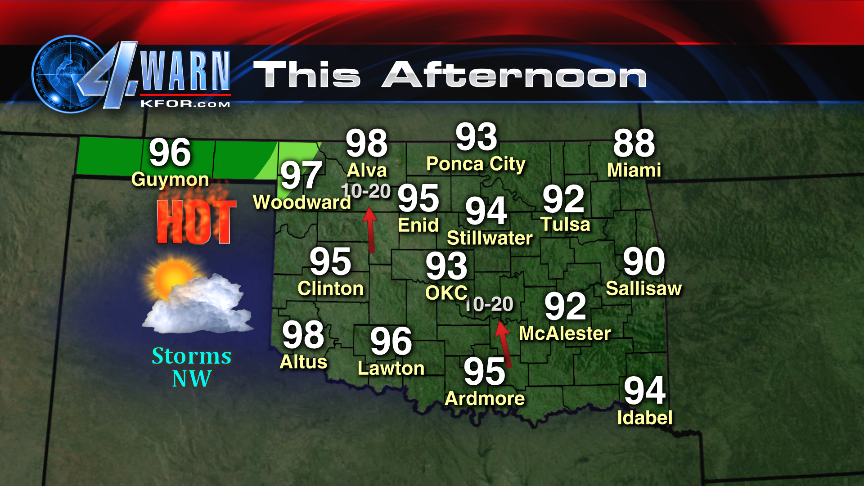 emilyrsutton's tweet photo. Get ready for a hot one today! Our heat index will reach 100! A few storms are possible NW. #okwx 9AM http://t.co/uncoJlEa29