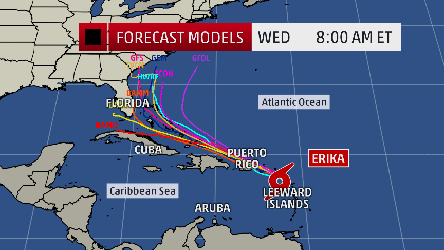 weatherchannel's tweet photo. Uncertainty still remains in strength/track of #Erika; #Florida landfall still possible: http://t.co/w4vzIXZJCv #FLwx http://t.co/u6E3XKOwJO