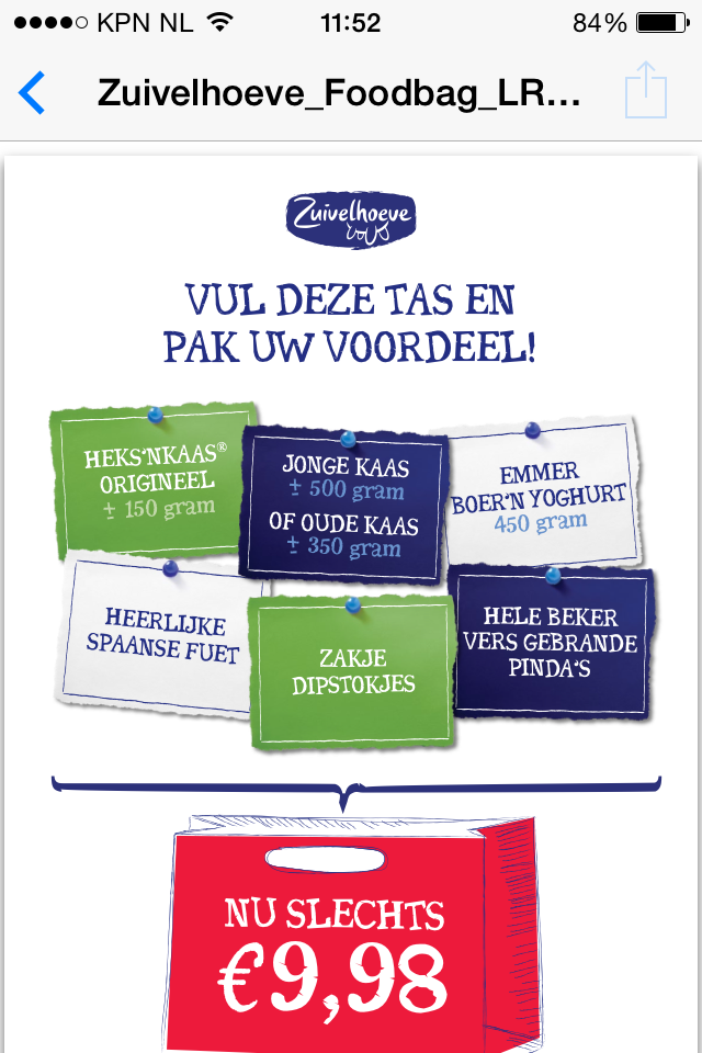 Wij hebben tot en met 12 september 2015 weer een fantastische aanbieding:
Een tas vol lekkere dingen voor maar € 9,98