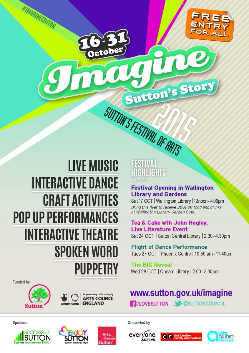 ArtsNetworkS's tweet image. First look at Imagine Festival flyer, 16-31st October #Sutton's own arts festival. 2015 theme: Sutton's Story.