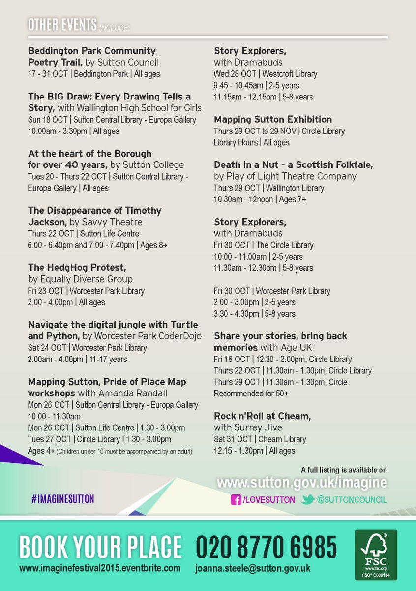 ArtsNetworkS's tweet image. First look at Imagine Festival flyer, 16-31st October #Sutton's own arts festival. 2015 theme: Sutton's Story.