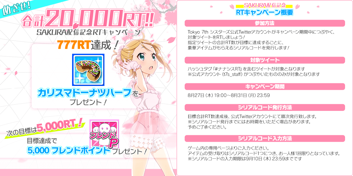 Tokyo 7th シスターズ 公式 早くも777rt達成致しました ゲーム内でシリアルコード を入力することで カリスマドーナツハーフが手に入ります 次の目標は5000rt 引き続きよろしくお願いします T7s ナナシス ナナシスrt Http T Co