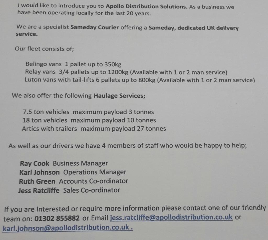 DoncasterApollo's tweet photo. Introducing Apollo Distribution Doncaster...ring or email for a no obligation quote #samedaycourier http://t.co/1dkY2SCuUv