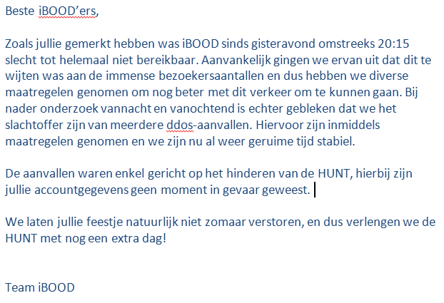 ibood's tweet photo. Traagheid #ibood #hunt veroorzaakt door ddos-aanvallen. Meer informatie in de image hieronder. http://t.co/sY7JajGJcc