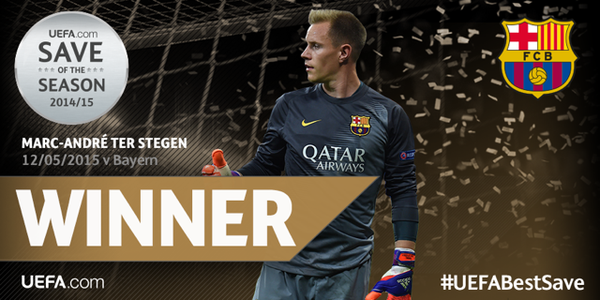 Penyelamatan bola terbaik Champions 2014/15 adalah untuk Marc-André ter Stegen! #UEFABestSave ow.ly/RrsPe