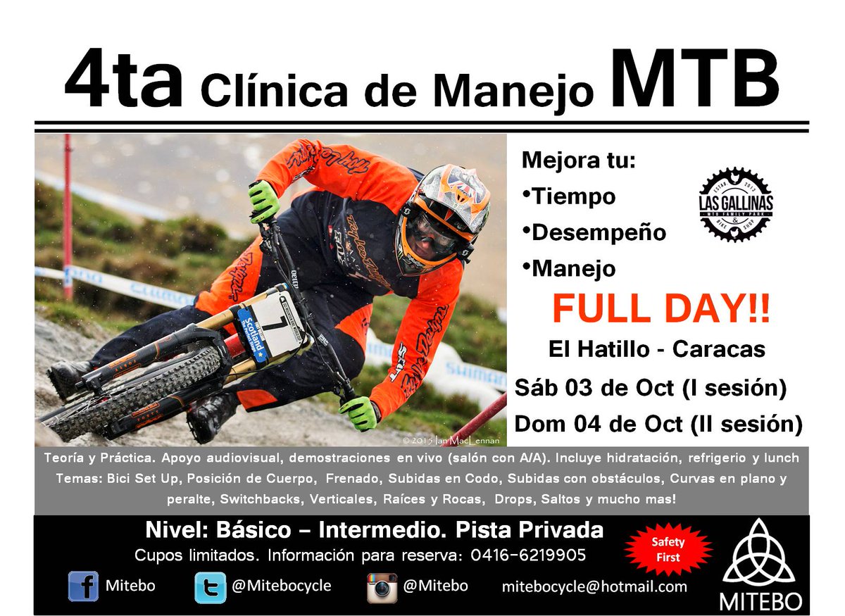 Mitebocycle's tweet photo. 4ta Clínica de Manejo #MTB Full Day. 3 y 4 Oct. Teoría y Practica. Pista Privada. Niveles básico e intermedio. CCS http://t.co/kGbwxadoMS
