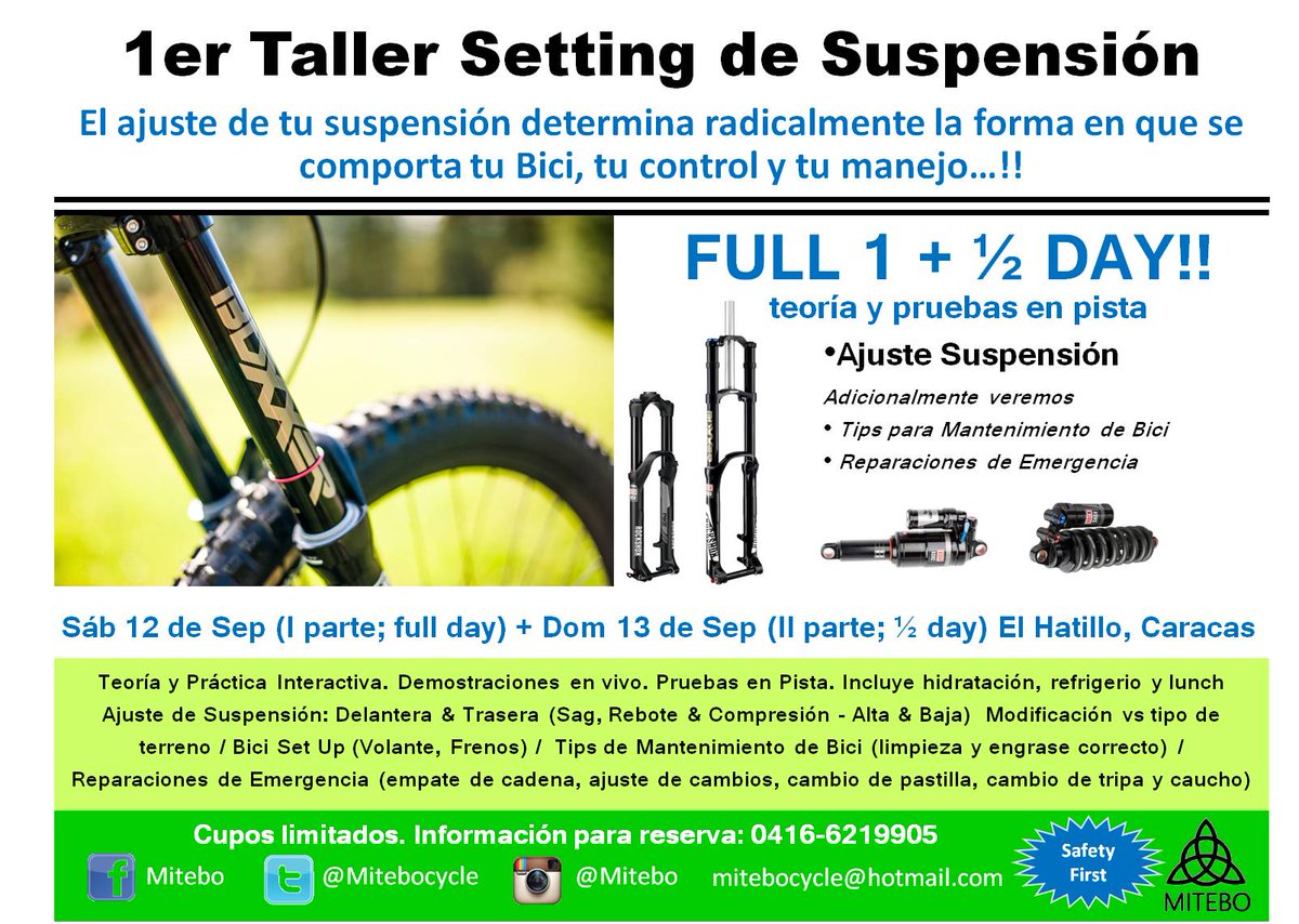 Mitebocycle's tweet photo. 1er Taller Setting de Suspension. Full 1 + 1/2 day !! 12 y 13 Sep. Teoría y pruebas en pista. El Hatillo, Caracas http://t.co/YnAvEXppCl