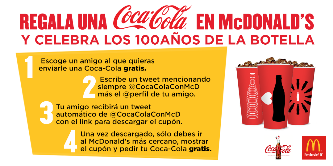 CocaColaConMcD's tweet photo. Regala una Coca-Cola en McDonald's y celebra los 100 años de la botella. http://t.co/wUQovp6aFV