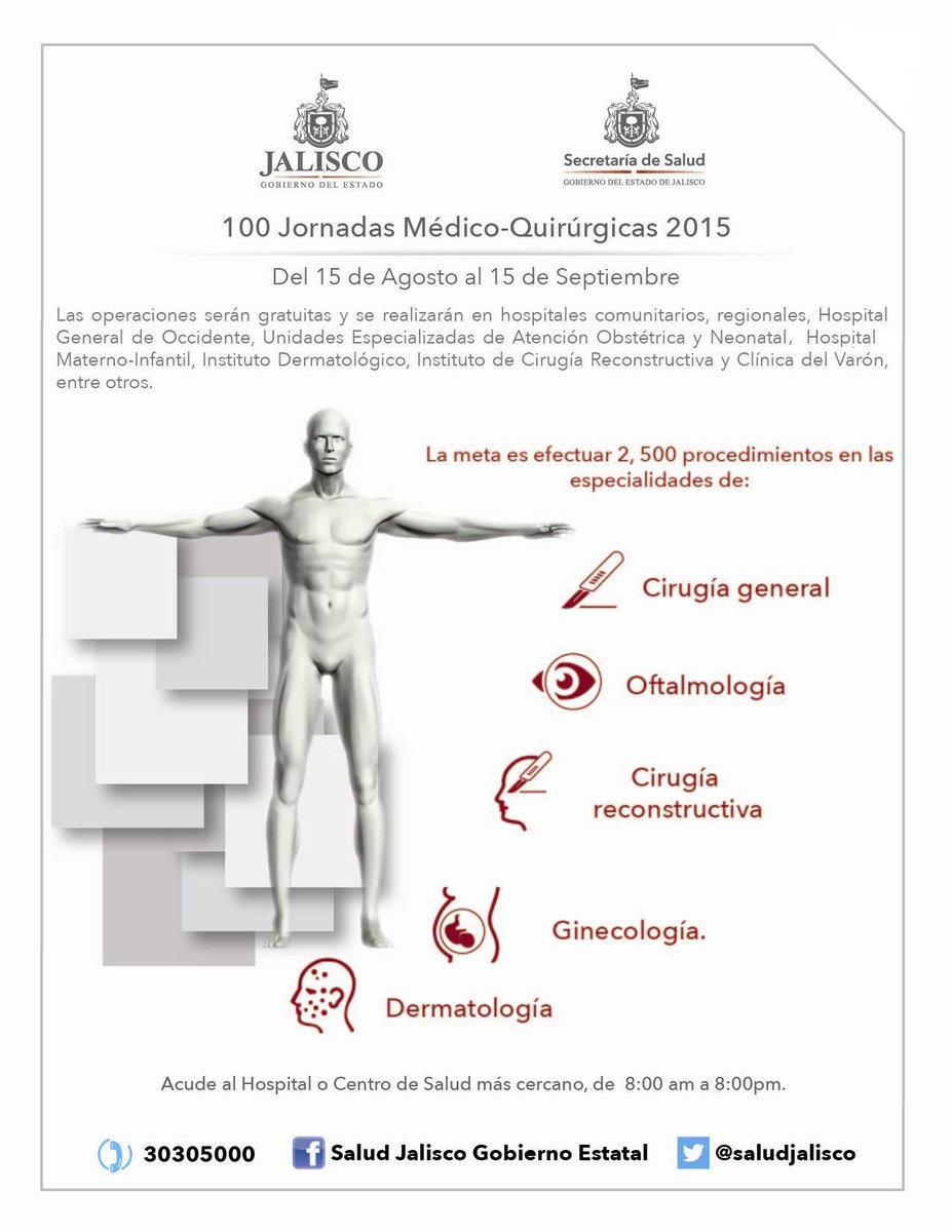 saludjalisco's tweet photo. 100 jornadas Médico-Quirúrgicas. 
Cirugías gratuitas para quien más las necesita.
Teléfono: 30305000 ext 35390. http://t.co/g5dSZBK457