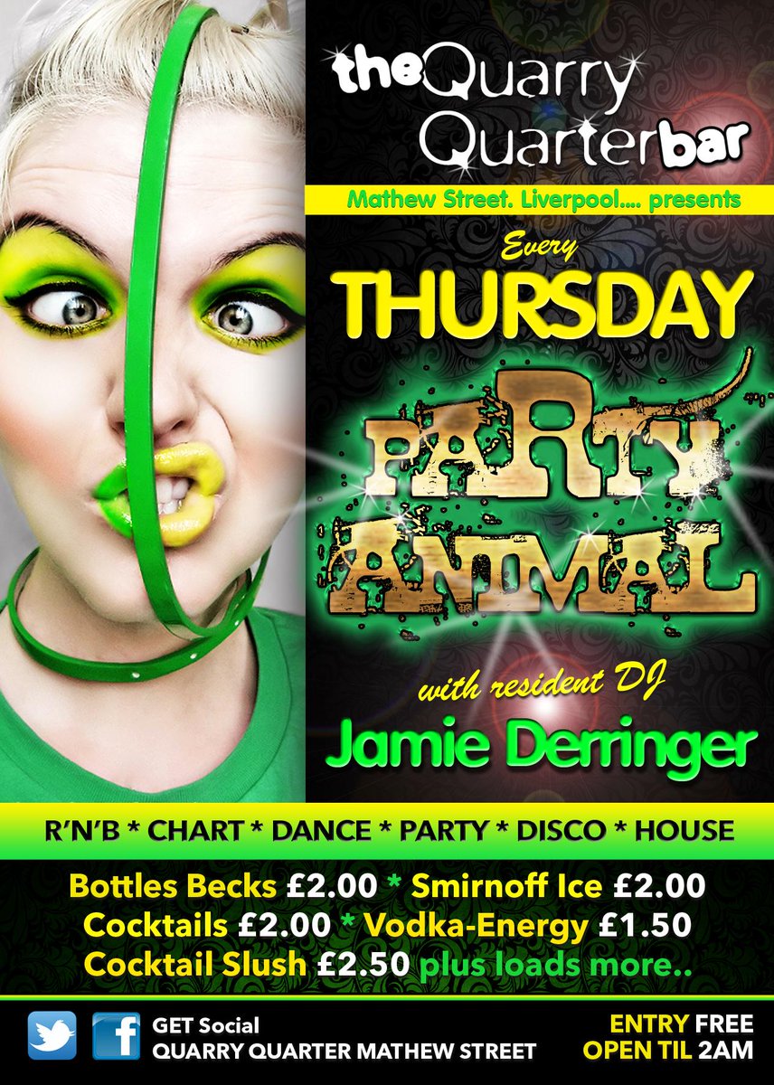 Tonight is the night for a PARTY ANIMAL <a href="/Quarry_Quarter/">QuarryQuarterLiv</a> 
With our resident Dj JAMIE DERRINGER on the decks
FREE ENTRY