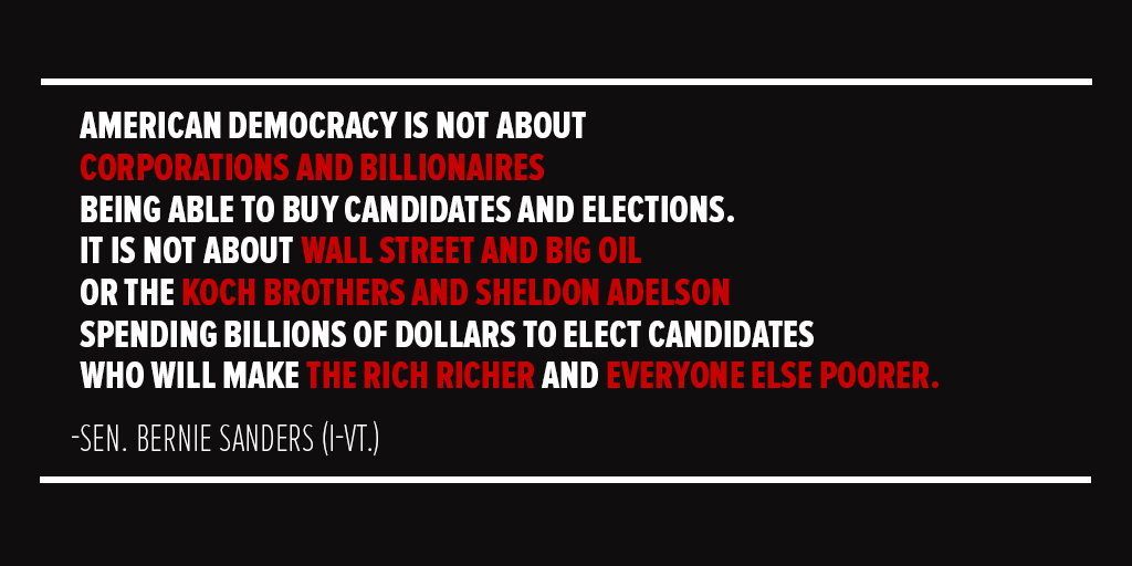 SenSanders's tweet photo. American democracy is not about corporations and billionaires being able to buy candidates and elections. http://t.co/dyX7vzL5b6