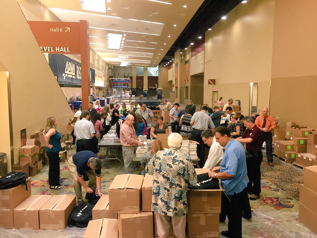 Stuffing goodie bags for attendees and having fun. #APWAexpo <a href="/APWATWEETS/">APWA</a>