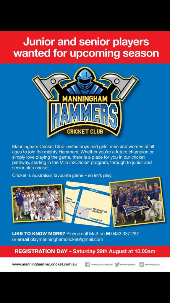 Live in the Manningham area &amp; want to play cricket? Get along to our rego day this Saturday! <a href="/MatthewGuyMP/">Matthew Guy MP</a>