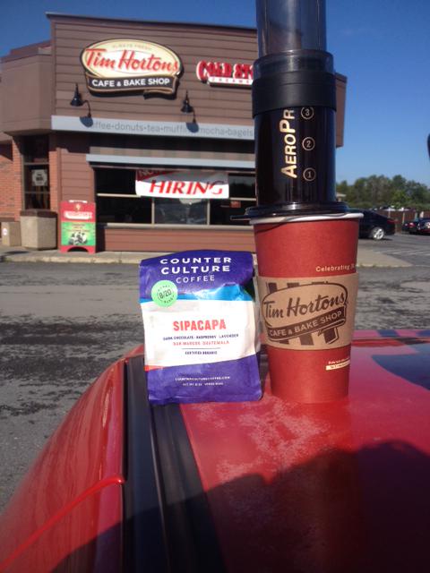 stuartwight's tweet image. Doing road-trip coffee properly.  Thanks @counter_culture for the beans and Tim Horton's for their fine hot water