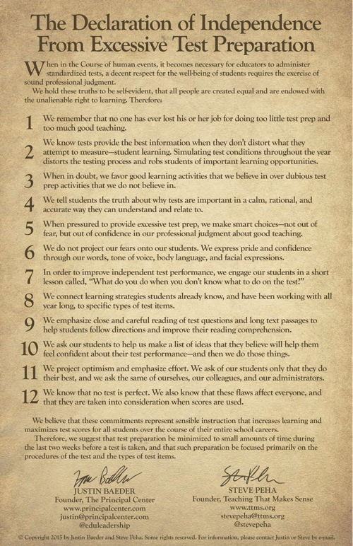 eduleadership's tweet photo. The Declaration of Independence from Excessive Test Preparation http://t.co/QQf6ZWpKLs http://t.co/HtTxfrjTLD