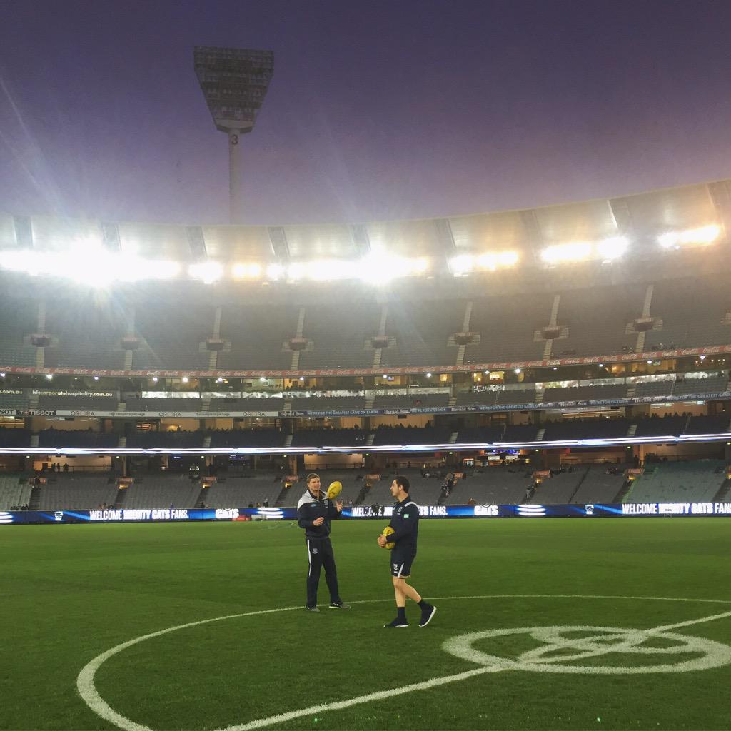 GeelongCats's tweet photo. A welcome and long awaited sight. @DanielMenzel10 and @nvardy30 on the hallowed turf pregame #MenzIsBack #AFLCatsPies http://t.co/n6HQyhkpW2