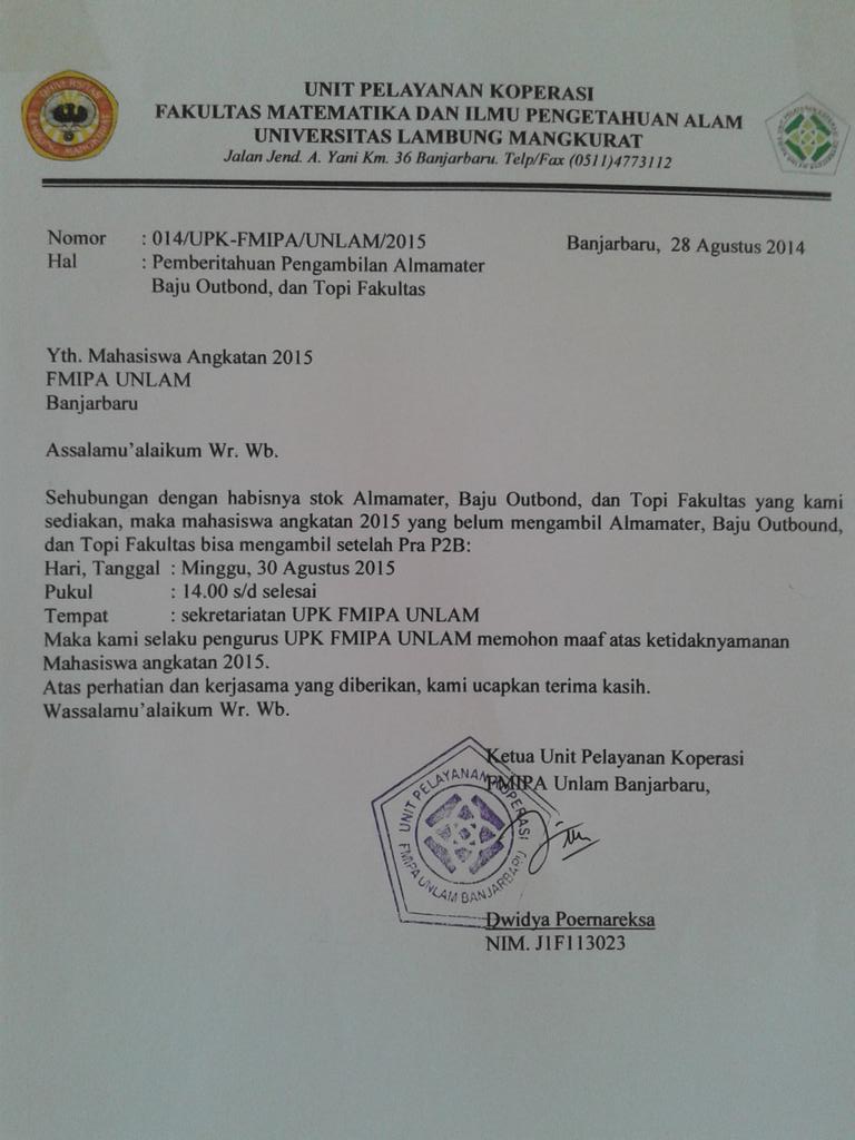 UPK_FMIPA_UNLAM's tweet photo. Informasi terbaru utk samuda yg blm mengambil almamater. Mohon di infokan @bemfmipaunlam @p2bfmipa2015 http://t.co/MHU4jHTEar