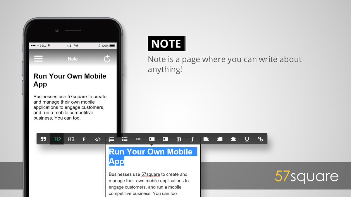 57square's tweet photo. 57square feature #7: Note

Note is a page where you can write about anything!

#mobile #app #builder http://t.co/Ka8vh5MJTJ