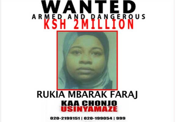 NationAfrica's tweet photo. Police offer Sh2m reward for Al-Shabaab suspect Rukia Mbarak Faraj http://t.co/ralcgM0qUR http://t.co/Tb94VUAxmE