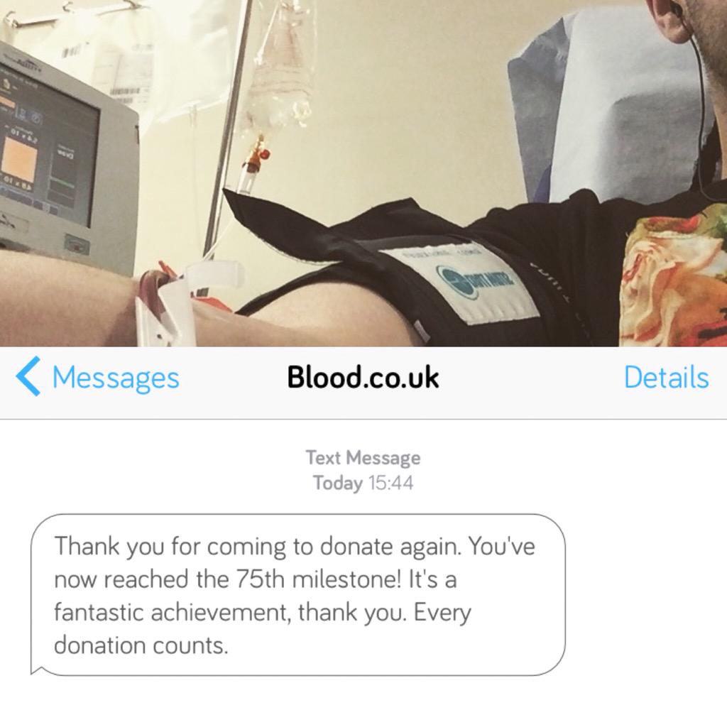 mattpaulgio's tweet photo. I achieved my 75th donation this week with @GiveBloodNHS. Not bad for a 24 year old right? #giveblood #platelets http://t.co/a6grwkpBLm
