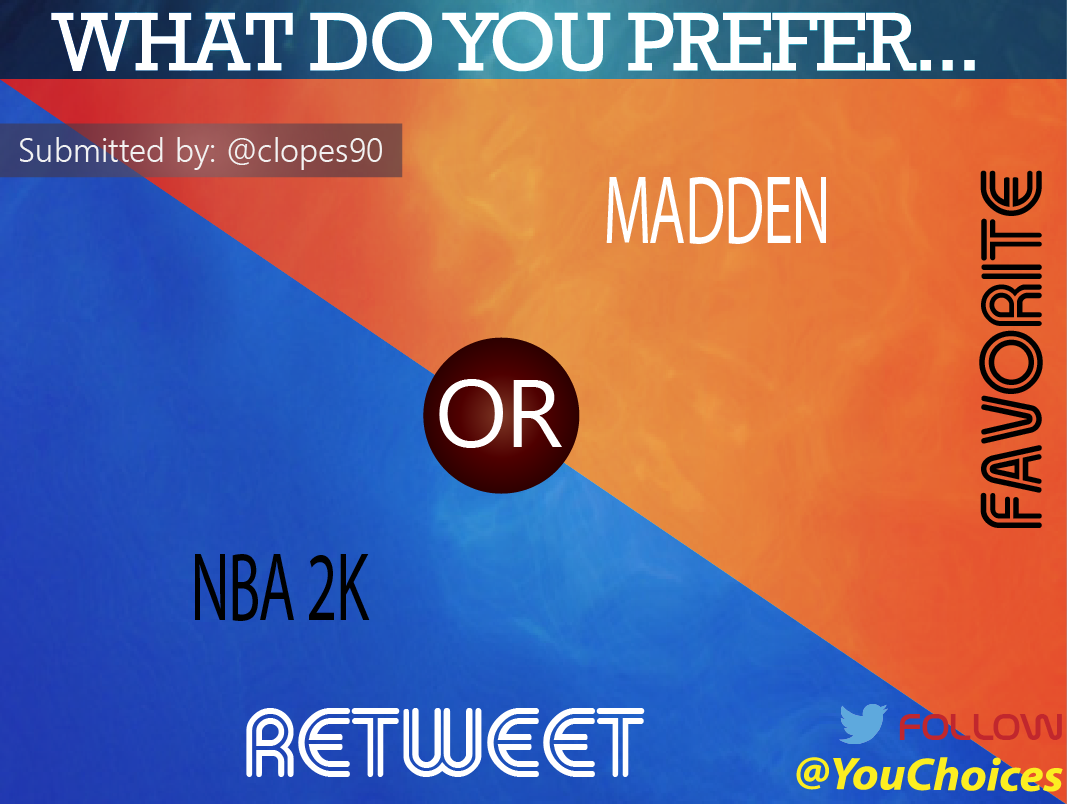 YouChoices's tweet photo. NBA 2K or Madden? http://t.co/VJhlFk2GuP