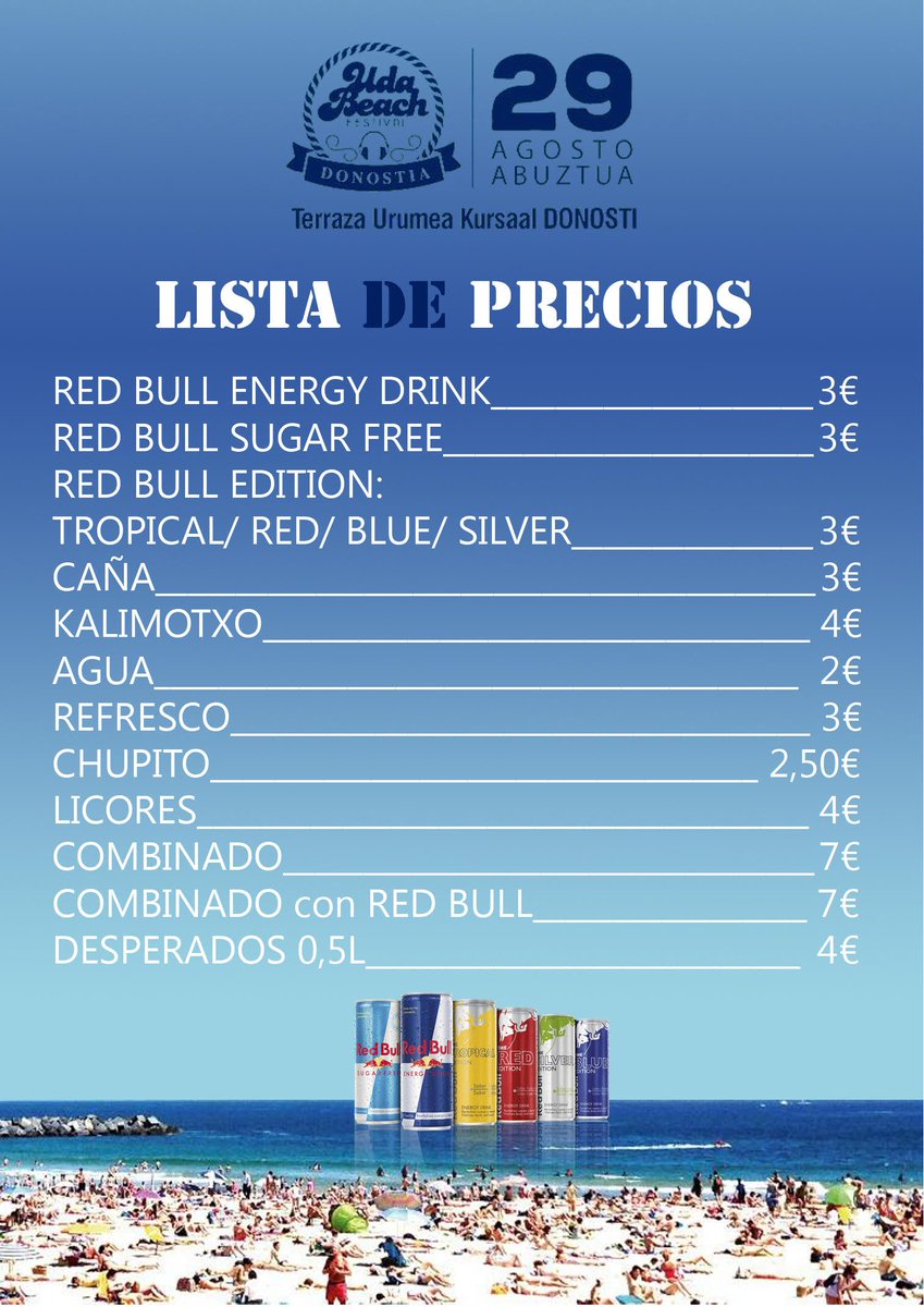 Precios bebidas Uda Beach 2015. #udabeach2015
