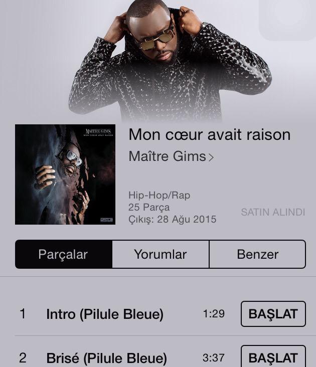 Sabah uyanır uyanmaz ilk işim albumu satın almak oldu😍 <a href="/MaitreGims/">GIMS</a> harikasın her zamanki gibi