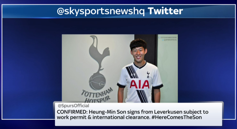 SkySportsNews's tweet photo. SOCIAL: @SpursOfficial confirm the signing of Heung-Min Son from @bayer04fussball on a five-year deal. #SSNHQ http://t.co/0x8kbFuxwl