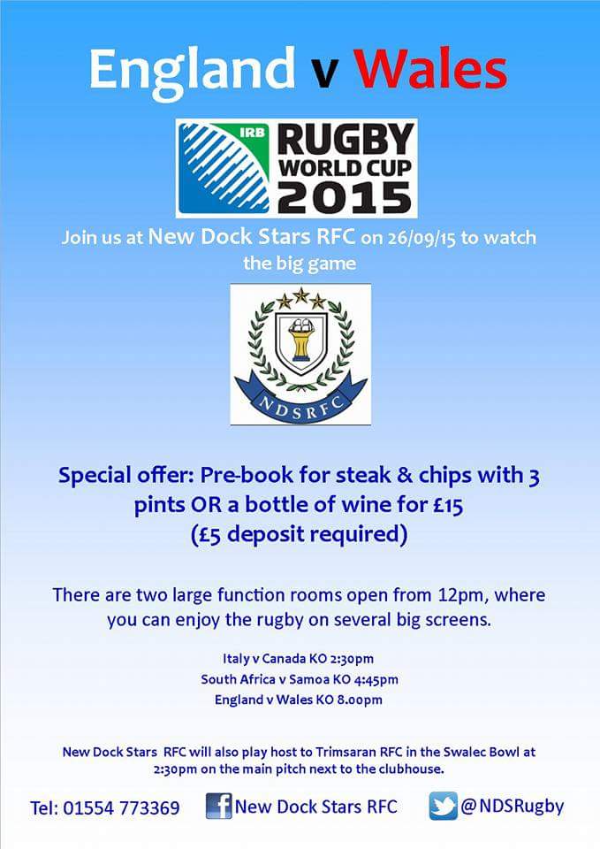 NDSRugby's tweet photo. Join us on the 26th September for Wales v England in the RWC 2015. 3 pints and a steak for £15 #NDS http://t.co/ruP8TDbfnt