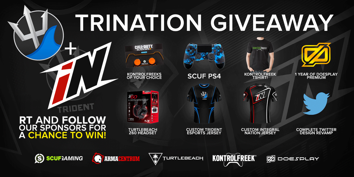 TridentEsports's tweet image. TriNation Giveaway RT and Follow our sponsors to win @ScufGaming @ArmaCentrum @TurtleBeach @KontrolFreek @DoesplayCom