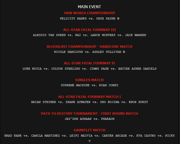 HKWOnline's tweet photo. #DEFIANCEXXXVI | 9.5.2015 | #WORLDCHAMPIONSHIP #BLOODLUSTCHAMPIONSHIP #ALLSTARFATALFOURWAY #PATHTODESTINY http://t.co/7kBNKzQRen