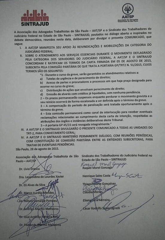 AATSP CELEBRA CARTA DE INTENÇÕES COM O SINTRAJUD VISANDO AMENIZAR OS EFEITOS DA GREVE NA ADVOCACIA