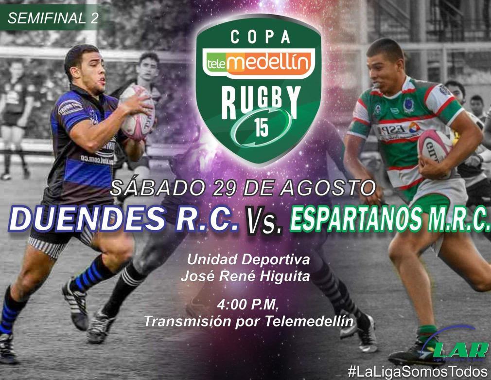 Mañana viviremos la semifinal entre <a href="/DuendesRC/">Duendes Rugby Club</a> y <a href="/EspartanosRCM/">Espartanos Rugby C.</a> porque #SomosRugby, 4:00 p.m. | <a href="/LARrugby/">LigaAntioqueñaRugby</a>