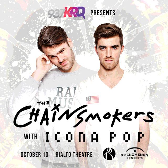 KRQQ's tweet photo. JUST ANNOUNCED: KRQ Presents @ChainsmokersID with @iconapop at @TheRialtoTucson Oct 10! http://t.co/2D7Y78BfGm http://t.co/NM9baDgMe2