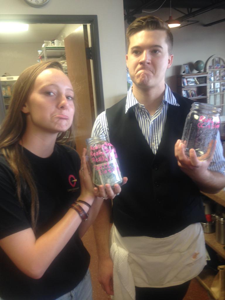 CoffeeCommOK's tweet photo. Tip jars: "Really sad CC is closing" vs "Really, really sad CC is closing"#lastdayblues http://t.co/uc89O2IYKc