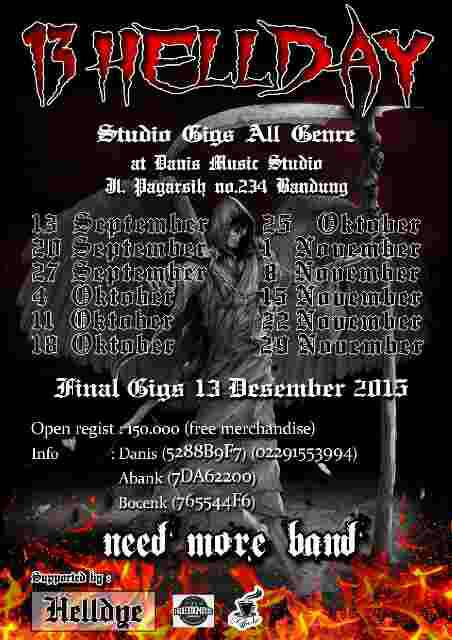 PRE EVENT 13 HELLDAY | NEED 400 band ALL GENRE 
FINAL GIGS (OUTDOOR) indiebandungmusic.com/2015/08/29/13-… #indiebdgmusic