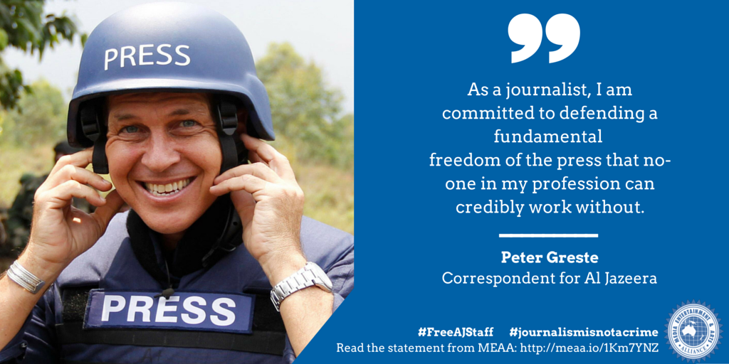 withMEAA's tweet photo. We will continue to campaign to #FreeAJStaff and for press freedom in Egypt. | http://t.co/DET3mrwS5F #MEAAmedia http://t.co/P3UYcss81B