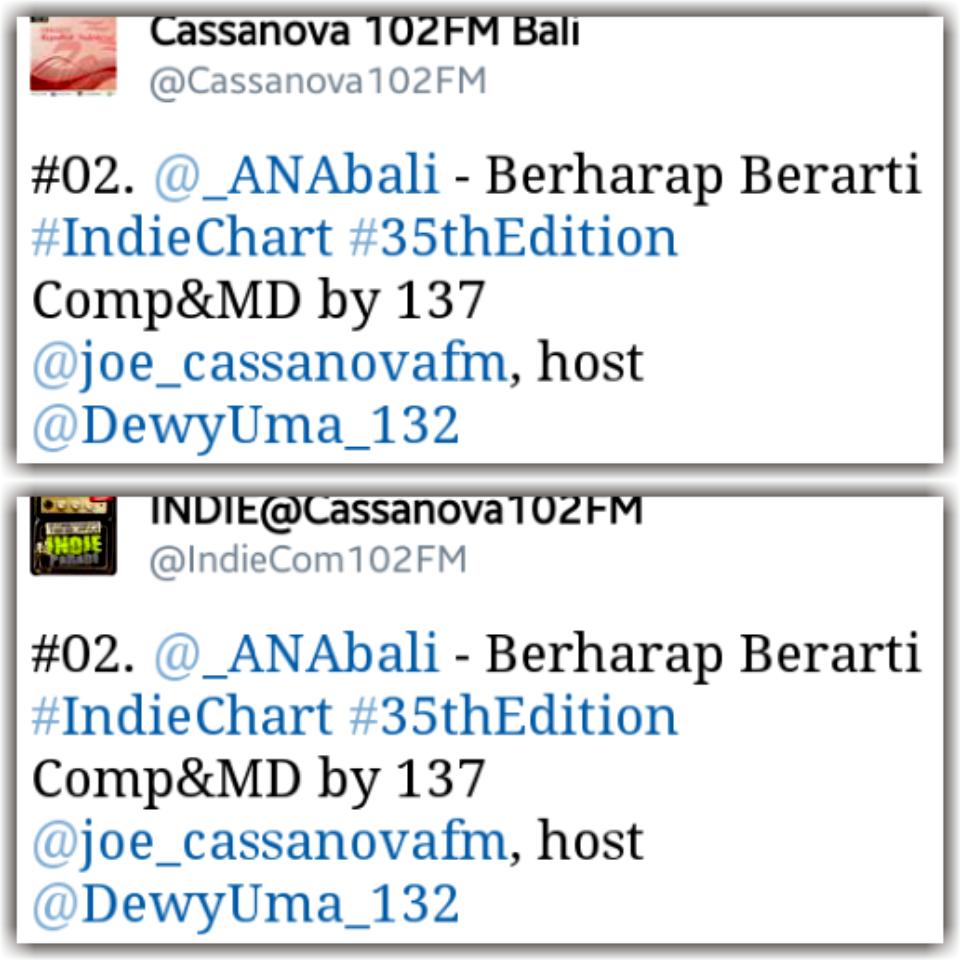Kita posisi 2 #runnerup di #indiechart @Cassanova102FM <a href="/IndieCom102FM/">#LocalAct</a>  thx you mygod, rekan radio dan sahabat ana
