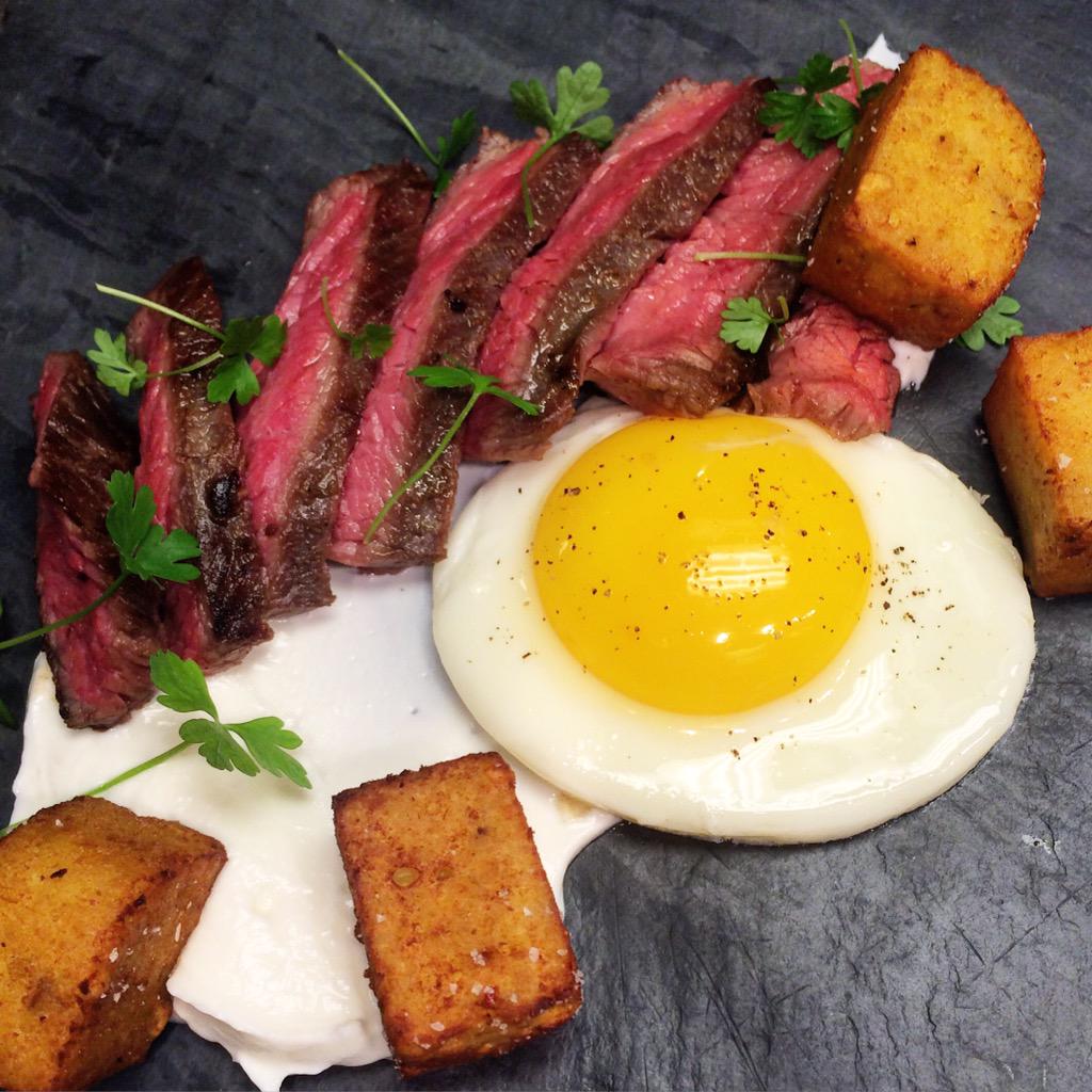 Last call for steak and eggs today! Served with vadouvan panisse and smoked yogurt #steakandeggs #thefinalcountdown