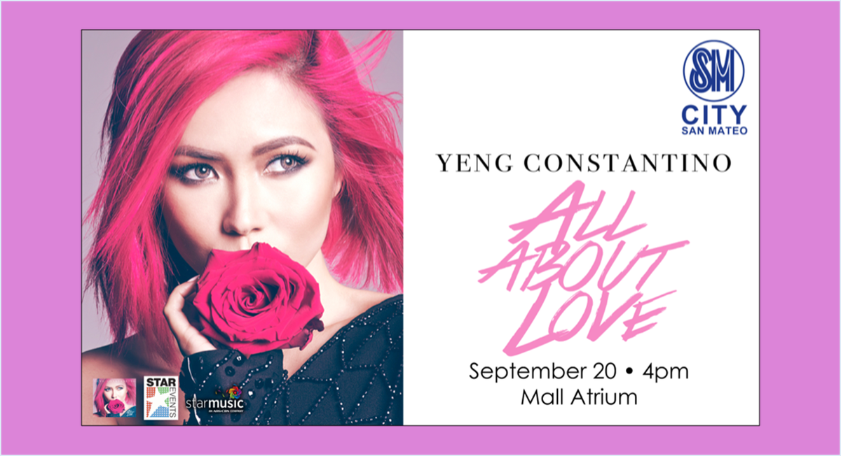 smcitysanmateo's tweet photo. It's "All About Love" for Yeng Constantino on September 20|4PM @smcitysanmateo 
#SMEvents #Eveythingshere #YengatSMMA http://t.co/UIFQWjC8c7
